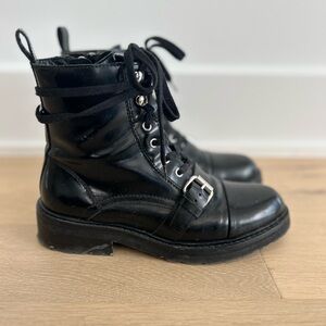 AllSaints Donita Leather Combat Boots Black Lace-Up Buckle Size 37